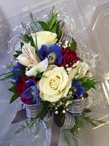 Blue, white, and red flowers