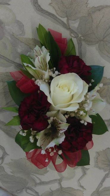 Red and white flowers with a printed background