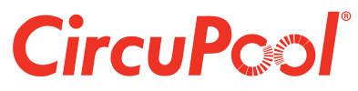 Logo of CircuPool in bold red letters with a unique design in the double O's.