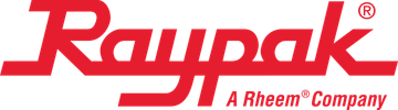 Raypak logo in bold red, with tagline 'A Rheem Company'.