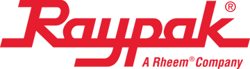 Raypak logo in bold red, with tagline 'A Rheem Company'.