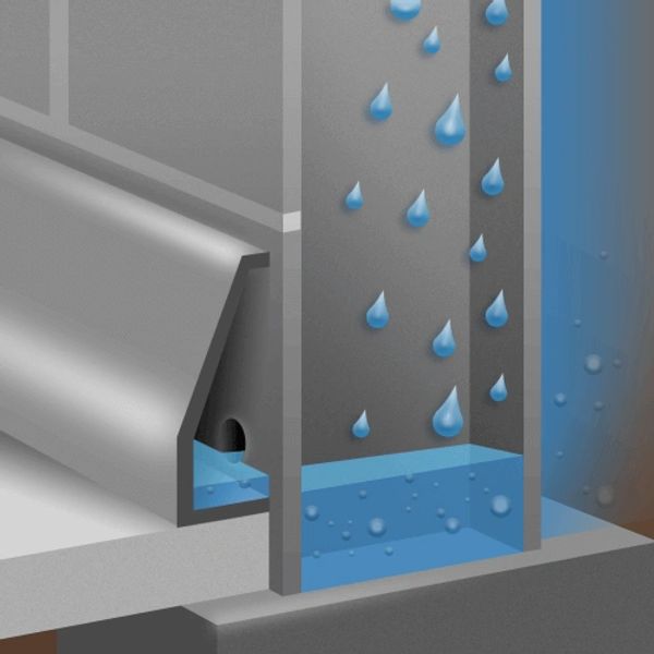Illustration of a rainwater drainage system with water droplets flowing down and collecting.