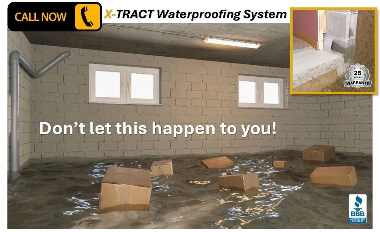 Basement flooding warning with X-TRACT Waterproofing System advertisement.