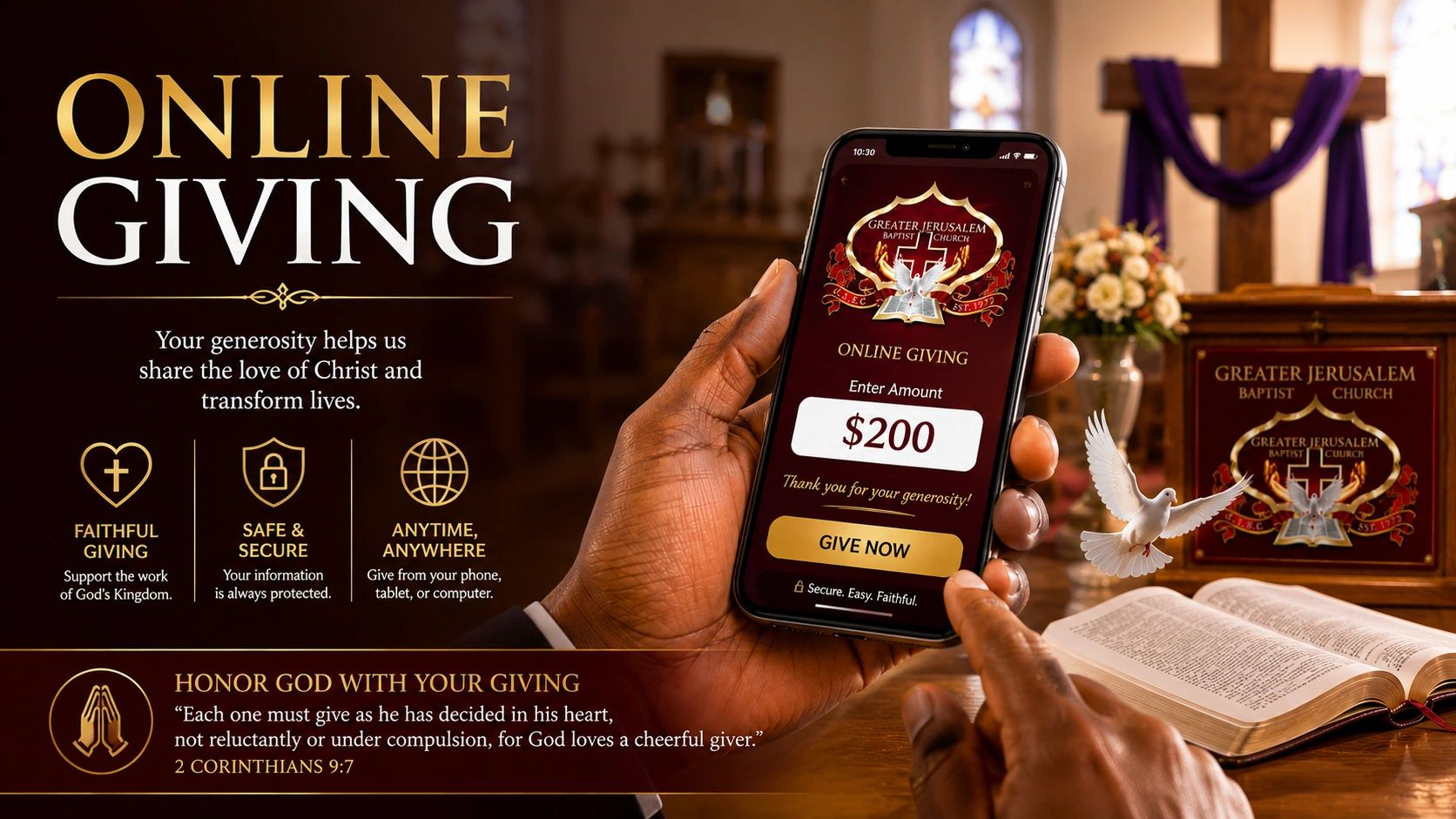 Online giving for Greater Jerusalem Baptist Church with secure, faithful donations anytime, anywhere.