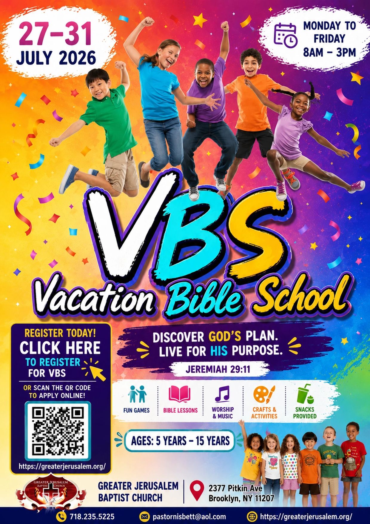 Colorful Vacation Bible School flyer with children jumping, July 27-31, 2026, 8AM-3PM, Brooklyn.