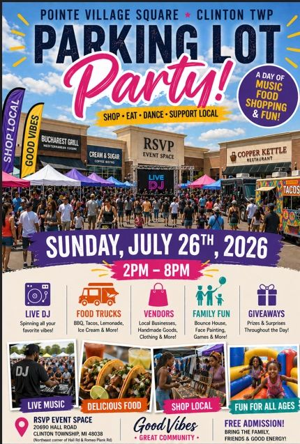 A vibrant parking lot party with food trucks, live music, and family fun on July 26, 2026.