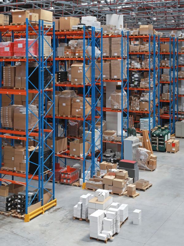 Warehouse with tall blue and orange shelving packed with boxes and pallets.