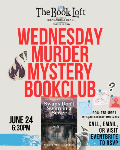 Flyer for Wednesday Murder Mystery Bookclub at The Book Loft, June 24, 6:30 PM.
