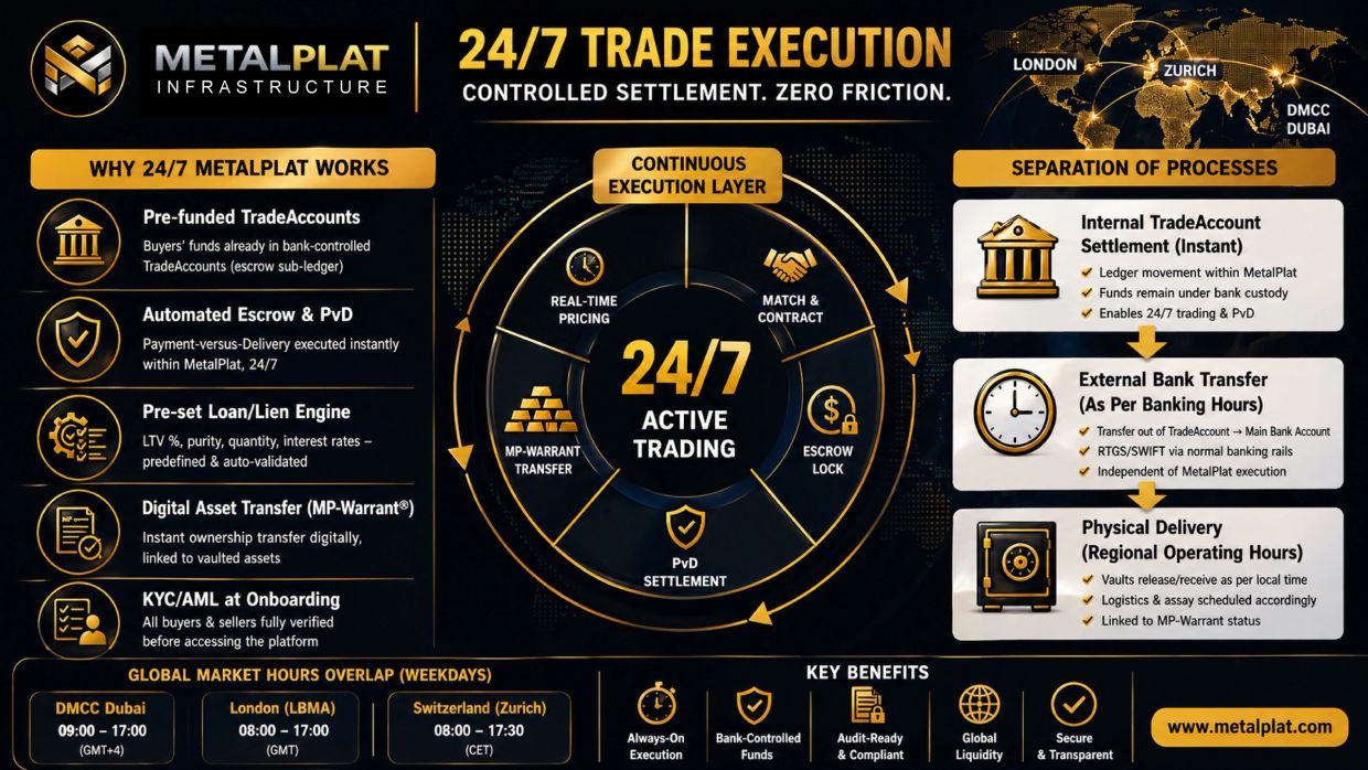 MetalPlat offers 24/7 active trading with automated escrow and bank-controlled trade accounts.