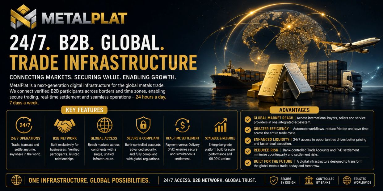 MetalPlat offers a 24/7 global B2B trade infrastructure for metals with secure, real-time settlement.