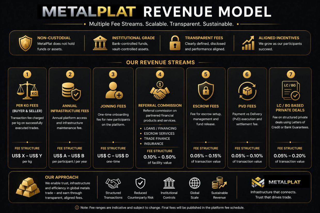 MetalPlat revenue model with multiple fee streams and aligned incentives for global metals trade.