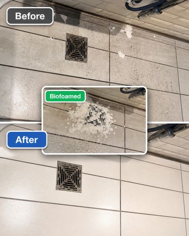 Before and after cleaning tiled floor with Biofoamed foam.