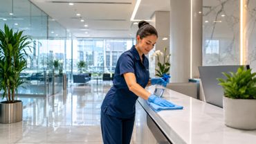 A woman in uniform cleaning a modern office reception desk.