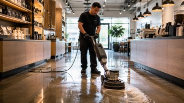 Man cleaning a polished floor with a floor buffer in a modern cafe.
