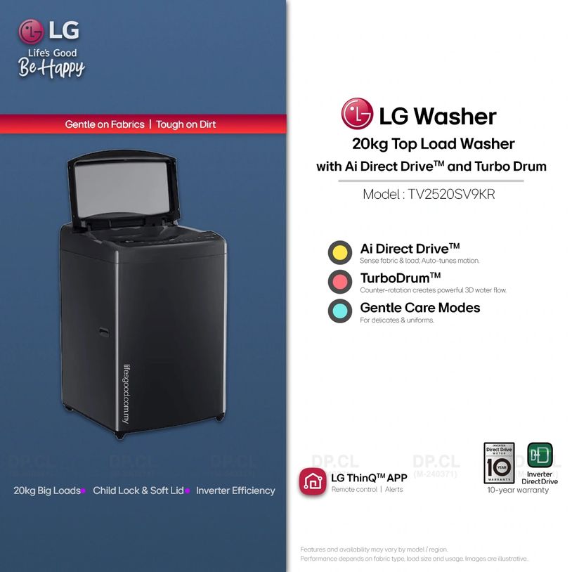 LG 20kg top load washer TV2520SV9KR  with AI Direct Drive, TurboDrum and Gentle Care modes.