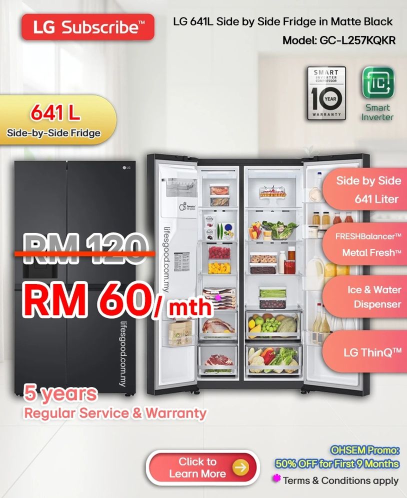 LG 635L GC-L257KQKR side-by-side fridge water dispenser, auto ice maker, ThinQ, 10-year warranty.