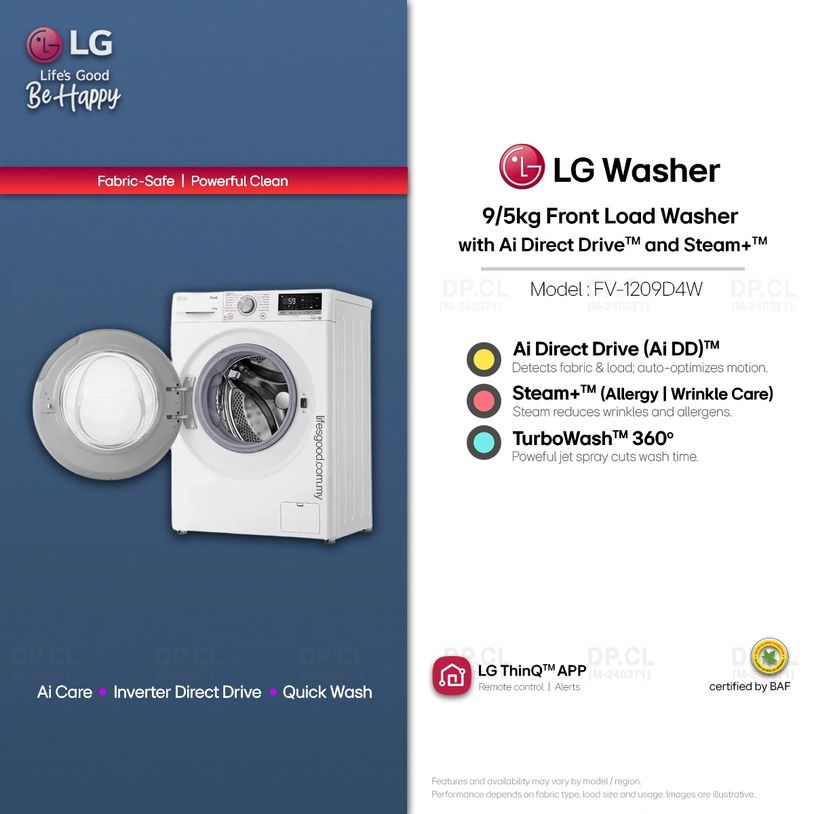 LG 9/5kg front load washer FV1209D4W with AI Direct Drive, Steam+ and TurboWash 360 (MY)