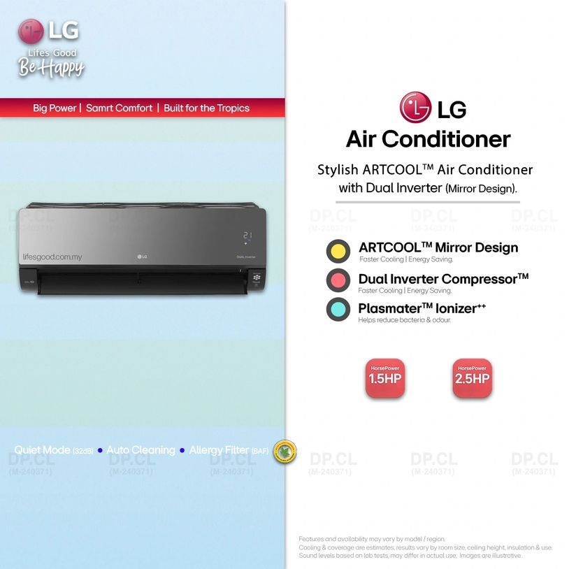 LG ARTCOOL mirror-finish Dual Inverter air conditioner with Ionizer++, 1.5HP or 2.5HP.