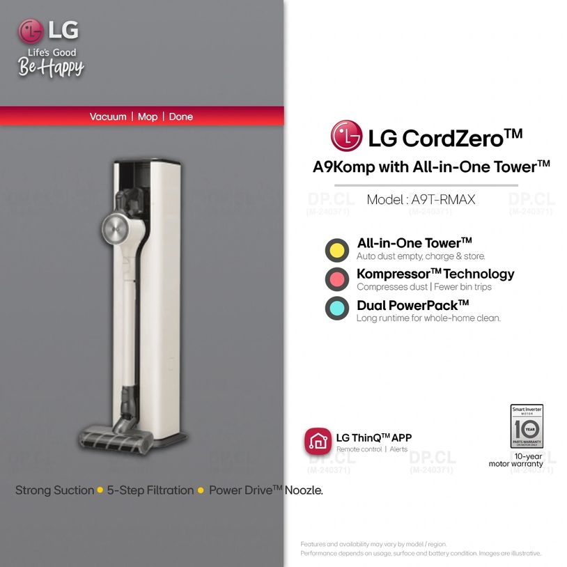 LG CordZero A9Komp A9T-RMAX highlighting All-in-One Tower, Kompressor, Dual PowerPack and ThinQ.
