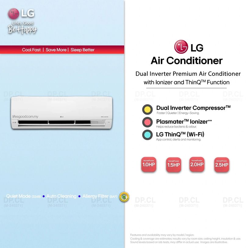 LG Dual Inverter Premium air conditioner with Ionizer & ThinQ, available in 1.0–2.5HP.