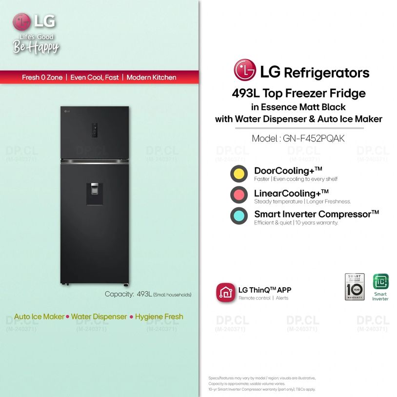 LG 493L Top Freezer Fridge — Matt Black (GN-F452PQAK).