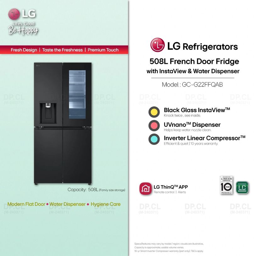 508L InstaView French Door in Essence Matte Black with UVnano water & Inverter Linear.