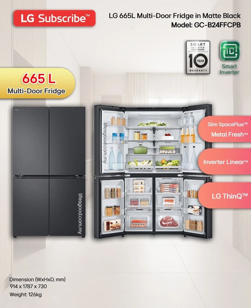 LG 665L French Door Fridge GC-B24FFCPB Multi-Air-Flow, Matte Black, Inverter Linear, LG ThinQ app.