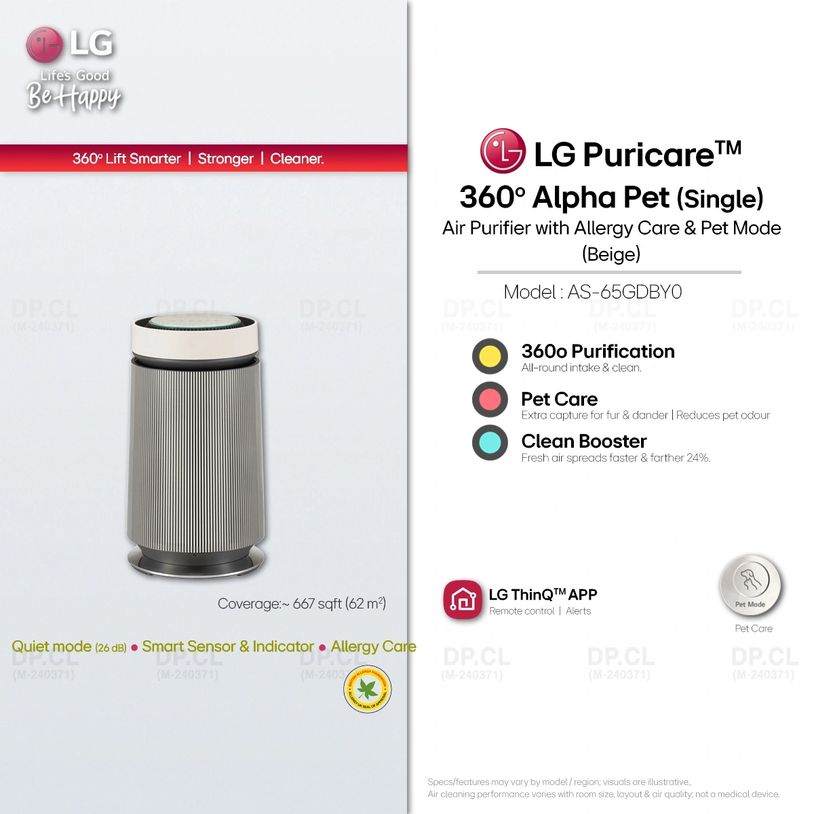 Beige LG PuriCare 360° Alpha Pet Single purifier for medium rooms with Pet Care.