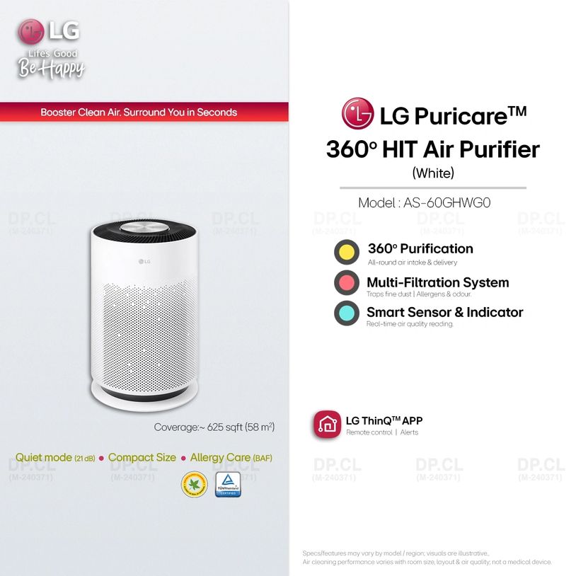 LG PuriCare 360 air purifier highlights: 360° purification, multi-filtration, smart sensor.