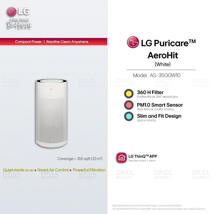 LG PuriCare AeroHit AS35GGW10 with 360 H Filter, PM1.0 sensor, ThinQ app in Essence White.