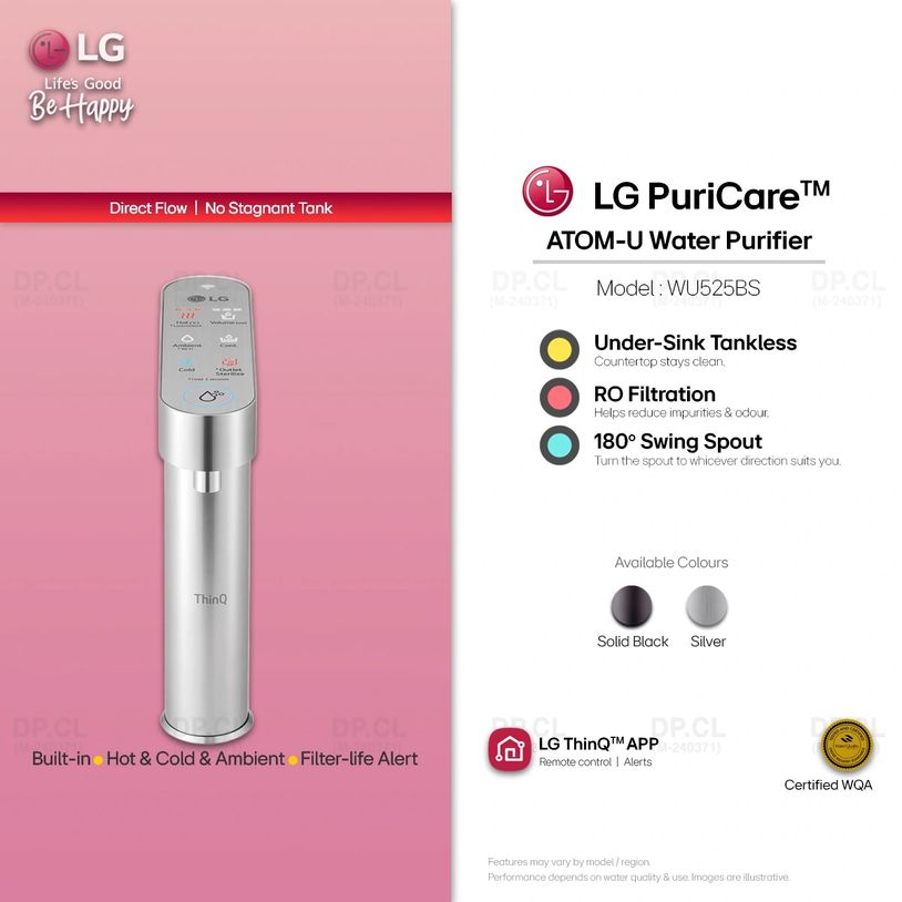 LG PuriCare ATOM-U Silver built-in water purifier with slim tap and under-sink module,ThinQ enabled.