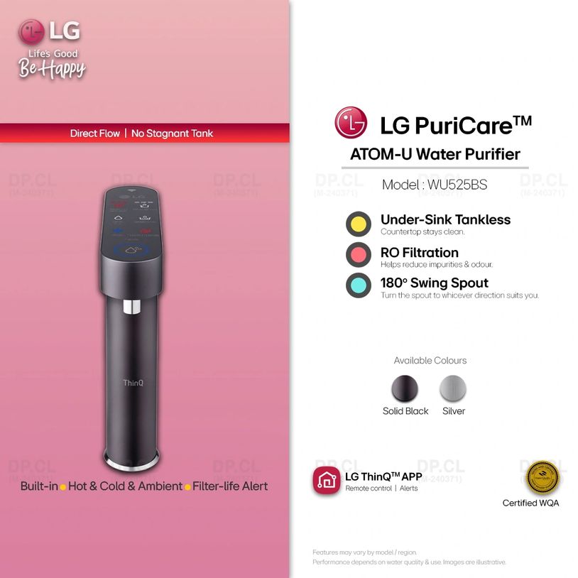 LG PuriCare ATOM-U WU525BS built-in water purifier solid black, minimalist faucet touch controls.