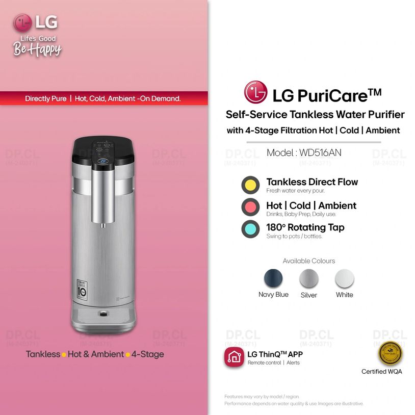 LG PuriCare WD516AN silver tankless water purifier, hot, cold and ambient, 4-stage filtration.