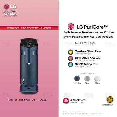 LG PuriCare WD516AN navy blue tankless purifier with hot, cold, ambient and 4-stage filtration.