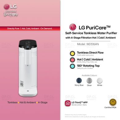 LG PuriCare WD516AN white tankless purifier with hot, cold, ambient and 4-stage filtration.