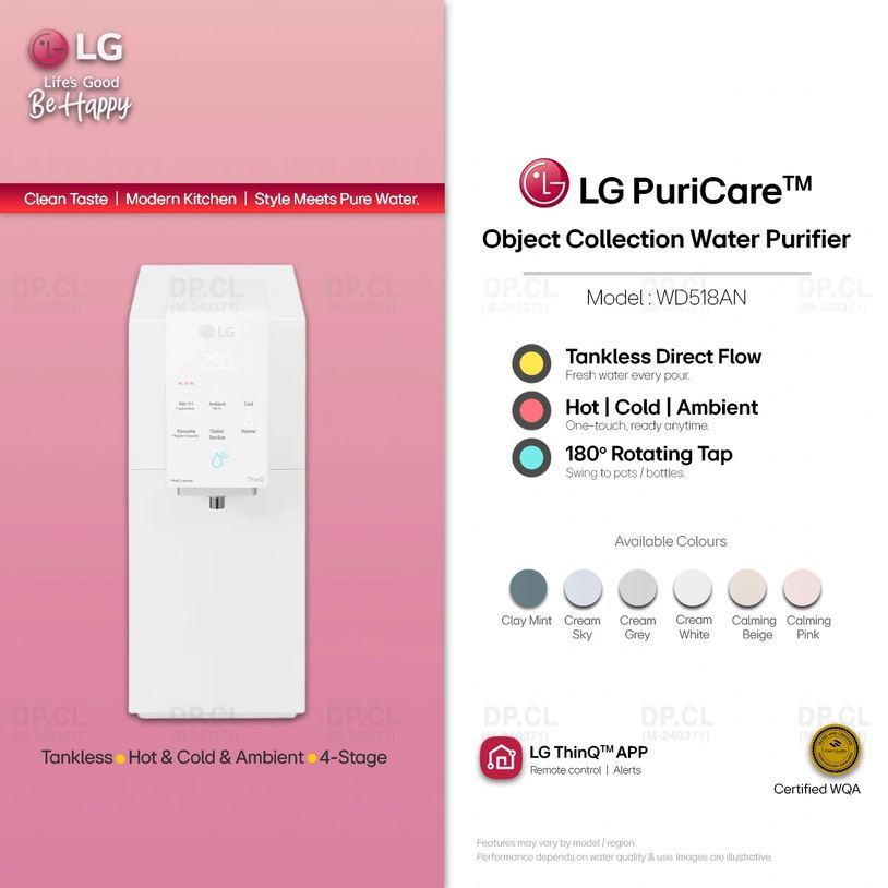 LG PuriCare WD518AN cream white tankless purifier with hot, cold, ambient and 4-stage filter.