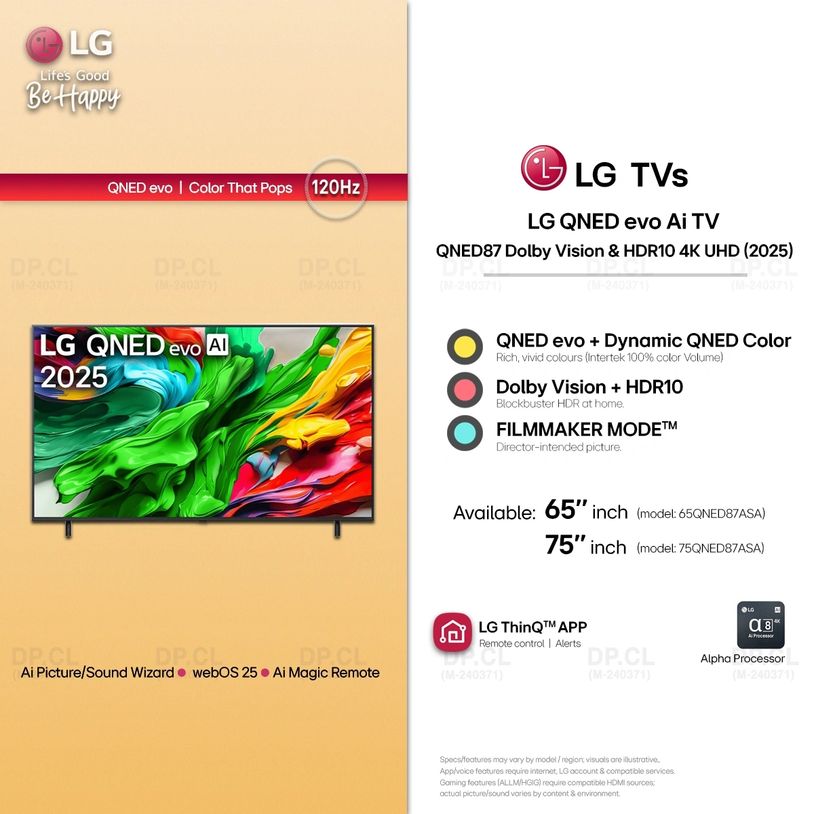 LG QNED evo QNED87 4K TV with 120Hz, Dolby Vision and webOS 25, 65/75 inch.