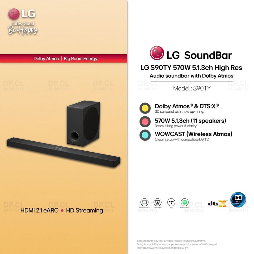 LG S90TY 570W 5.1.3ch Dolby Atmos soundbar with wireless sub, HDMI eARC and HD streaming.