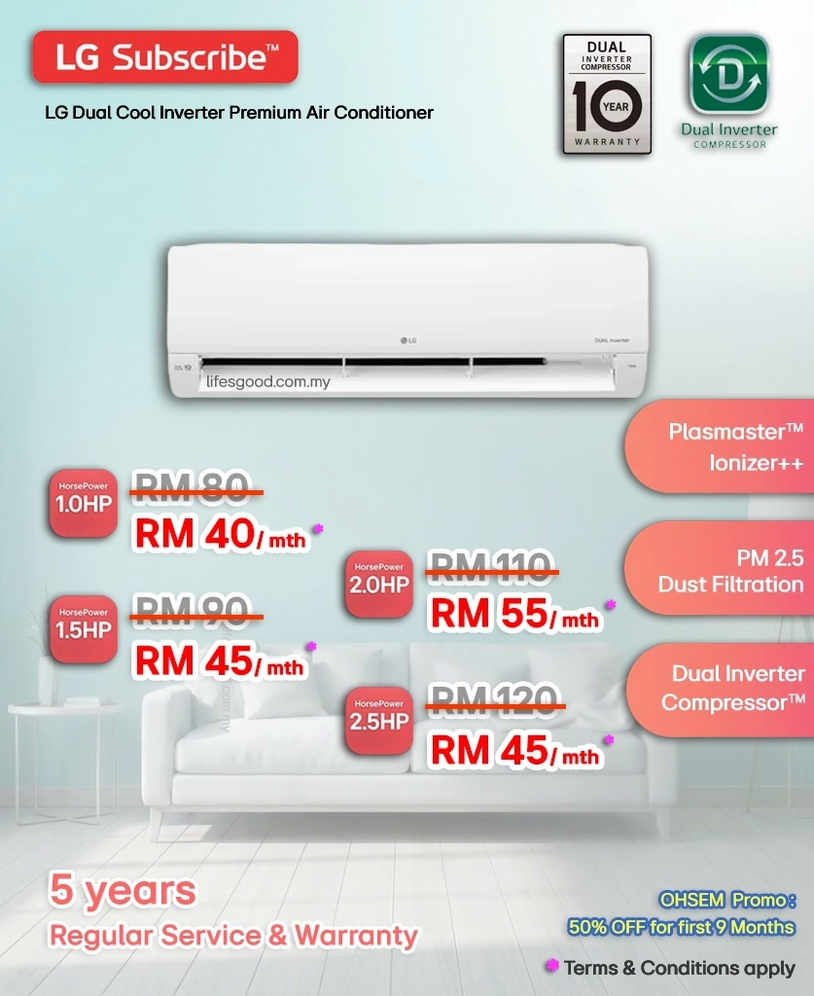 LG Dual Cool Inverter Premium Air Conditioner promo from RM40/mth, 1.0HP to 2.5HP.