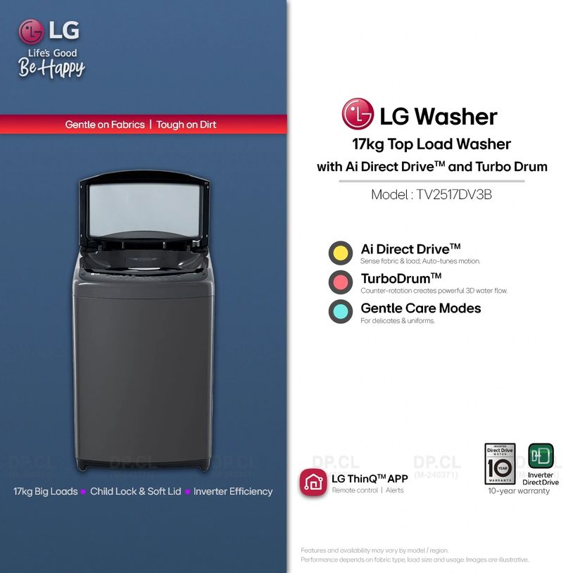 LG 17kg top load washer TV2517DV3B with AI Direct Drive, TurboDrum and Gentle Care modes.