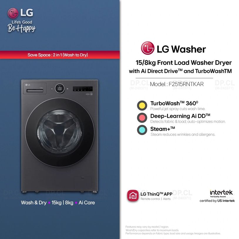 LG 15/8kg front load washer dryer F2515RNTKAR with AI Direct Drive and TurboWash 360 (MY)