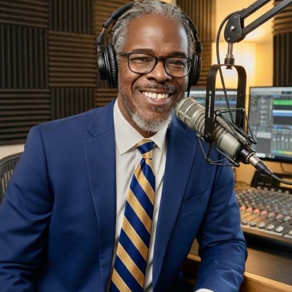 Smiling radio host in blue suit speaking into microphone in studio.