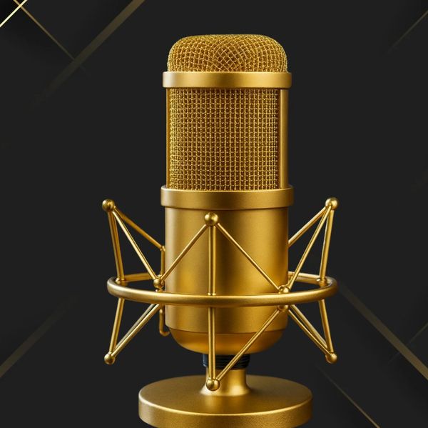 Elegant golden studio microphone with a black and gold background.