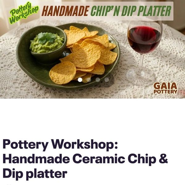 Handmade ceramic chip and dip platter with chips, guacamole, and wine glass.