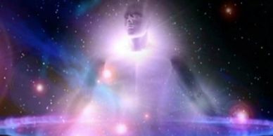 A glowing human figure surrounded by cosmic light and stars.