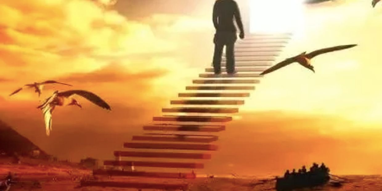 A person ascending a stairway to a bright light in the sky with birds flying nearby.