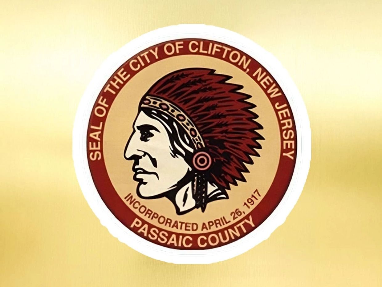 A patch with an Indian man's head surrounded by the words "SEAL OF THE CITY OF CLIFTON, NEW JERSEY".