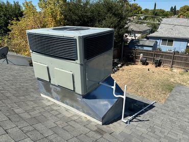 A rooftop HVAC unit installed on a shingled roof under clear skies.