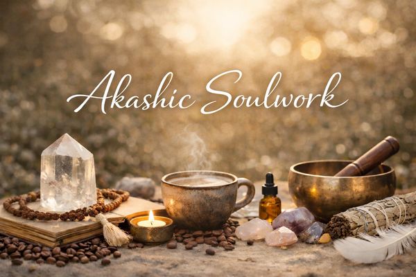Spiritual tools for Akashic Soulwork on a serene surface with soft lighting.