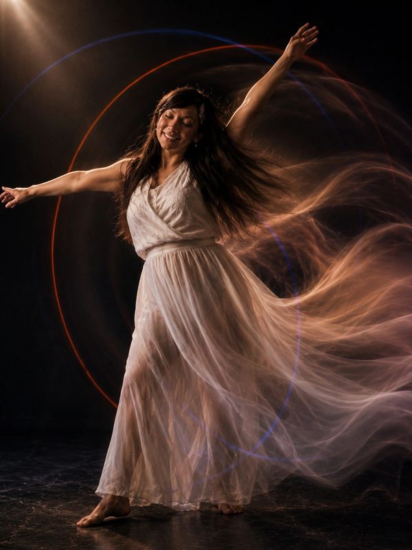 Woman gracefully dancing in a flowing white dress with light trails around her.